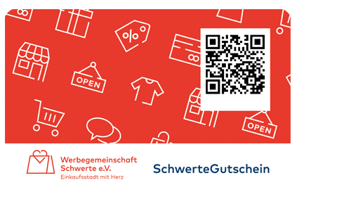 Schwerte Gutschein mit rotem Hintergrund und weißen Einkaufssymbolen